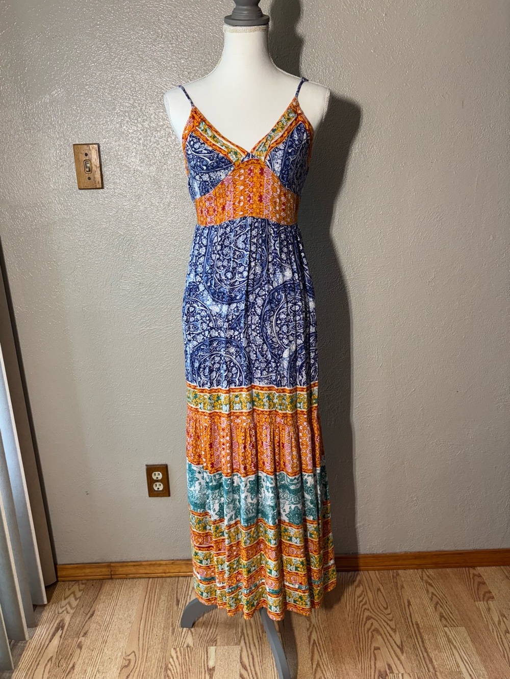Angie Bohemian Maxi Dress Block Colors size Medium Boho Summer